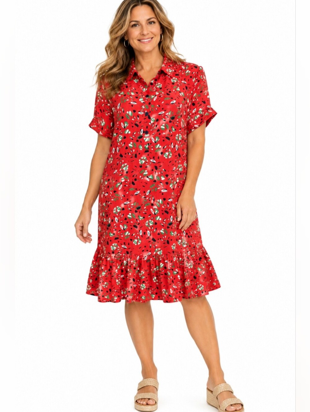 See U Soon Dress Large Red Abstract Print 100% Viscose Ruffle Hem Shirt Dress